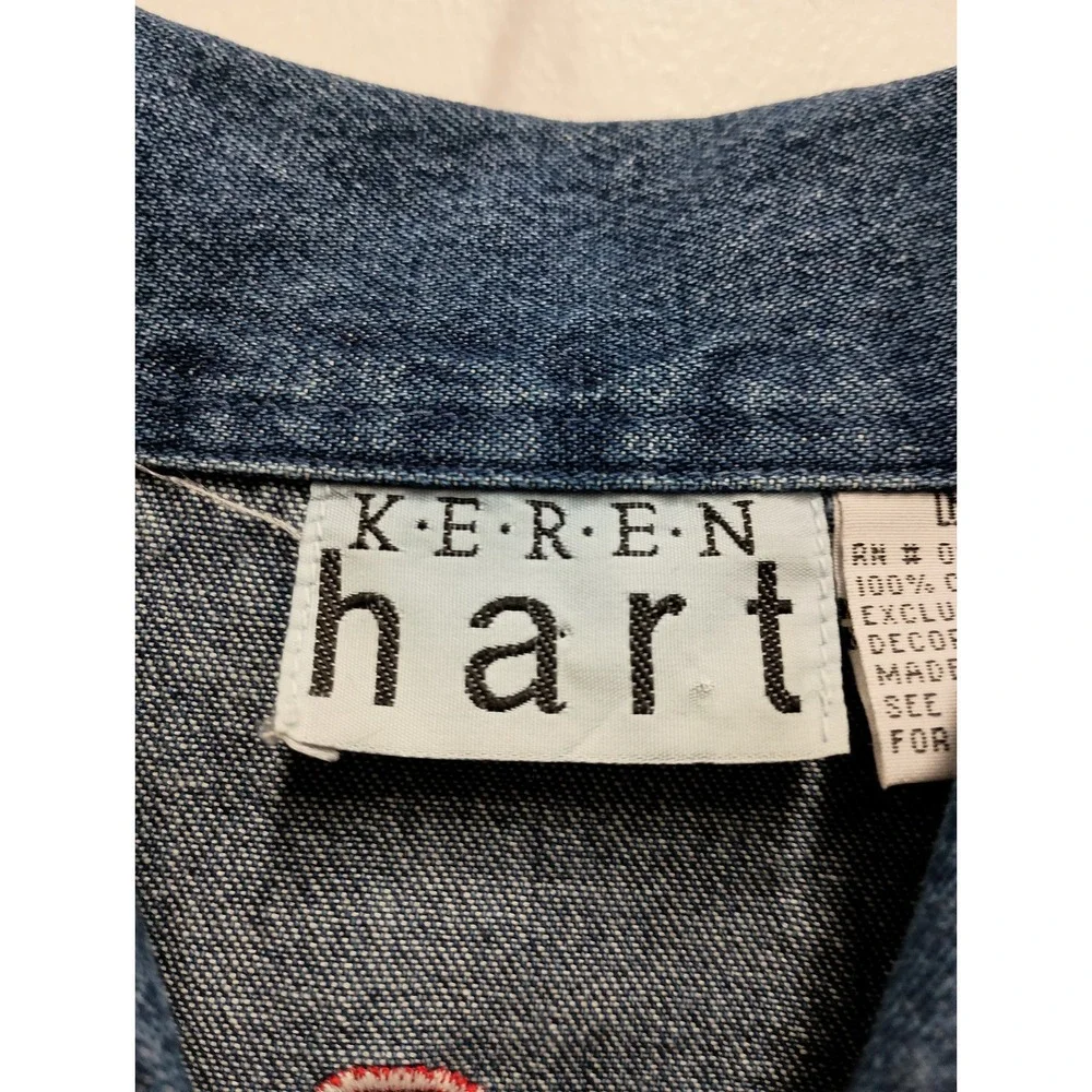 VTG 90s Keren Hart  Denim Jacket Womens Medium Blue Red Hat Embroidered Artsy